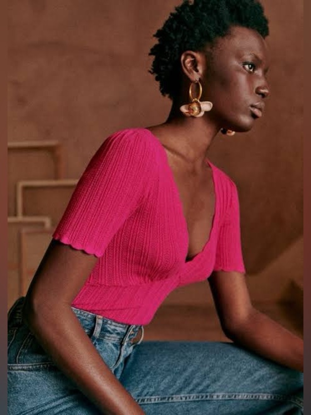 NWT Sezane Cloe Jumper Fitted Rib Knit Top in Fuchsia Pink Size S - Picture 3 of 11